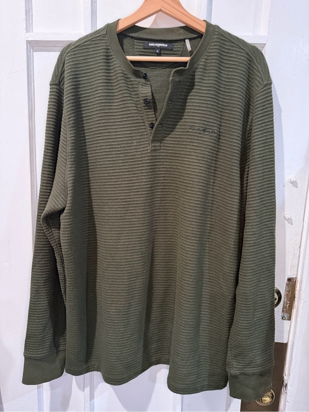 Karl Lagerfeld Olive Henley Knit Long Sleeve Sweater